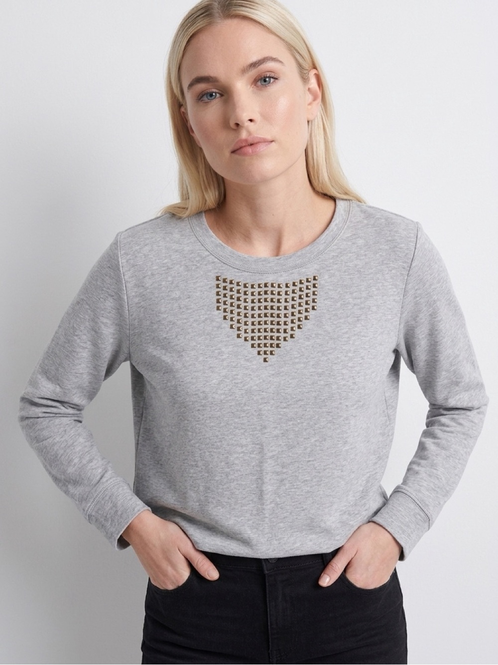 NWOT Style & Co. Grey 1X Long-Sleeve Top with Metallic Stud Triangle Detail